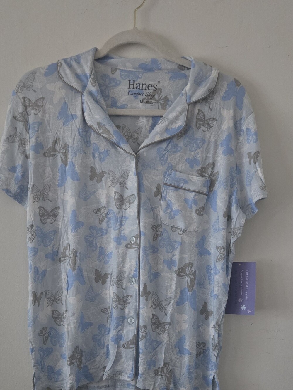 NWT Hanes Comfort Sleep Pajama Set Medium Blue Butterfly Shorts Top M